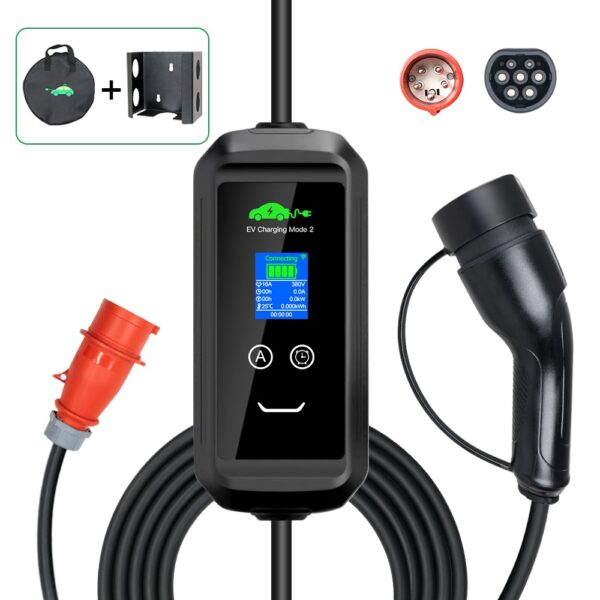 Mobile Wallbox Starkstrom: 11kW Ladeleistung, 5 Meter Typ2 Kabel für Starkstromsteckdosen, Tasche und Wandhalterung
