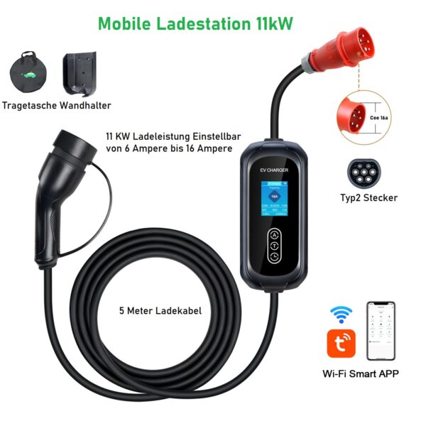 Mobile Ladestation mit Handy APP, 11kW Ladeleistung, 5m. Kabel Tragetasche und Wandhalterung – Bild 2