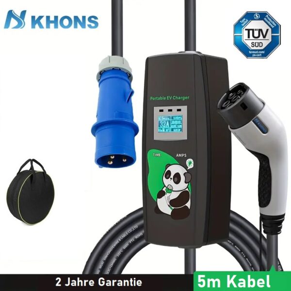 Ladekabel für E-Auto Typ 2 CEE 32A Blau (Campingstecker) regelbar von 6A-32A mit 5m Kabel und Tragetasche