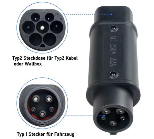 Adapter Typ2 auf Typ1, Typ2 Steckdose auf Typ1 Stecker für Fahrzeuge mit Typ1 Steckdose