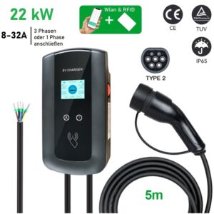 Wallbox mit WLAN, APP-Steuerung und RFID, 22kW Ladeleistung 5M Kabel, Regelbar von 8A-32A PV-Überschussladen