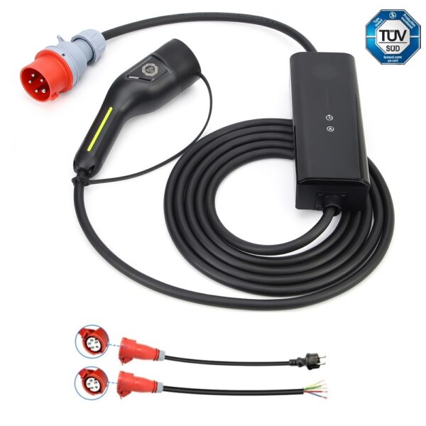 Mobile Ladestation zum laden an Starkstromsteckdosen (CEE 16A Rot) 5/10 Meter Typ2 Kabel optional mit 2 Adaptern