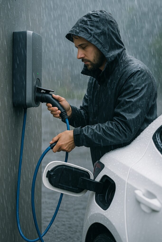 Elektroauto bei Regen laden