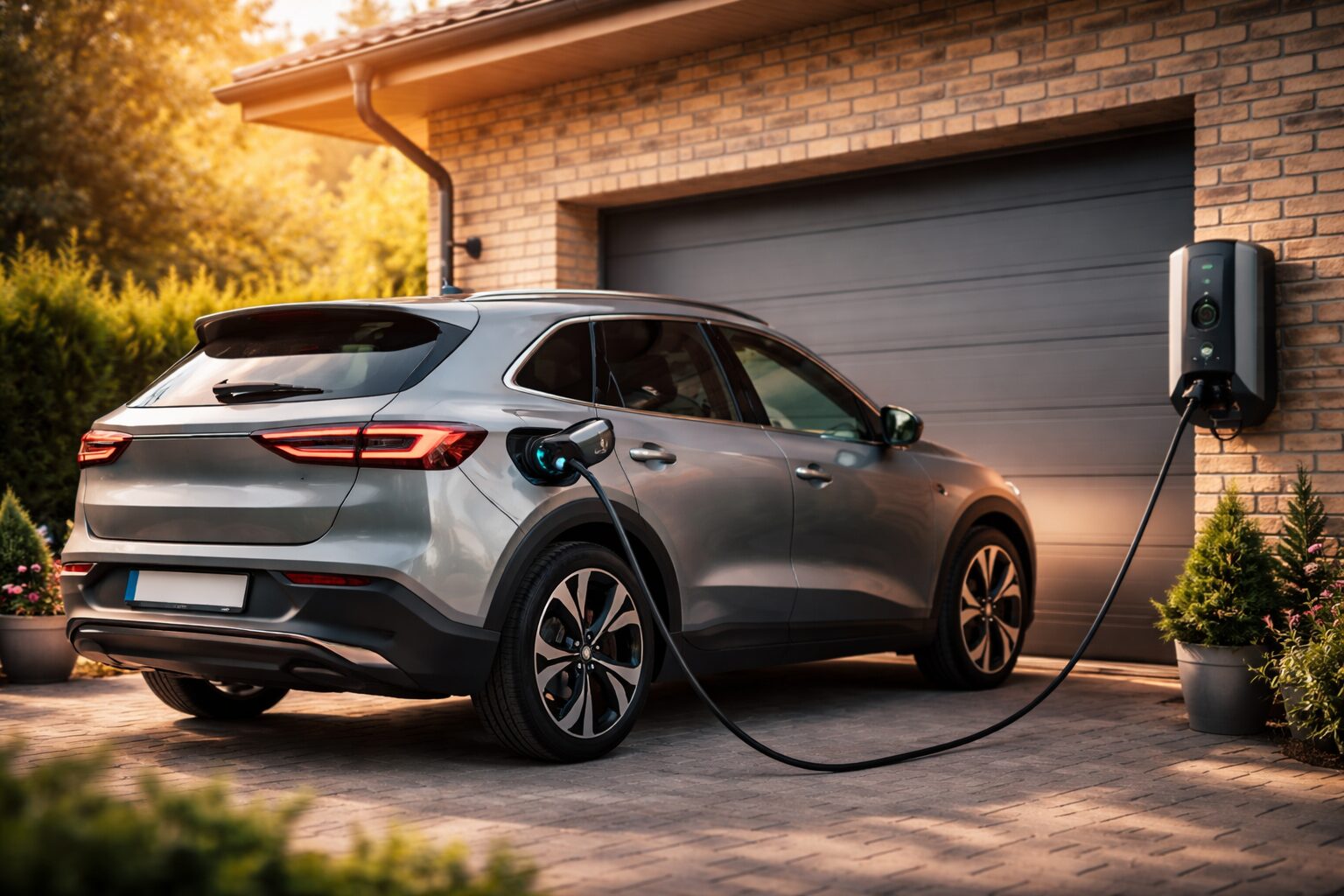 Elektroauto lädt an einer Wallbox zuhause in der Garage