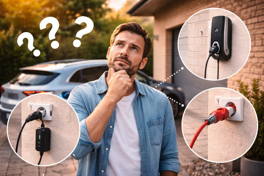 Mann überlegt welche Ladestation für sein Elektroauto geeignet ist
