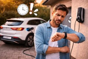 Ungeduldiger Fahrer wartet auf das Laden seines Elektroautos