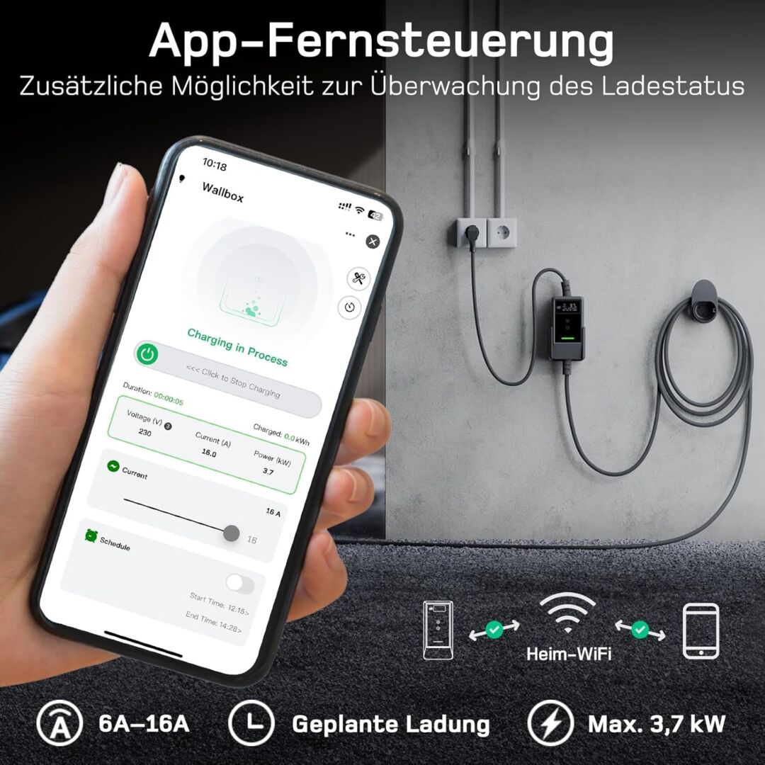 E-Auto Ladegerät mit Schukostecker, APP-Steuerung und Ladeprotokoll 3,7kW mit 5/7/10/20 M Kabel inkl. Wandhalterung und Tragetasche – Bild 3