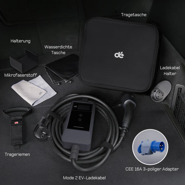E-Auto Ladegerät mit Schukostecker, APP-Steuerung und Ladeprotokoll 3,7kW mit 5/7/10/15/20 M Kabel inkl. Adapter CEE16A Blau, Wandhalterung und Tragetasche – Bild 11