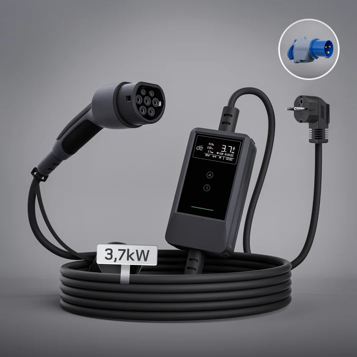 E-Auto Ladegerät mit Schukostecker, APP-Steuerung und Ladeprotokoll 3,7kW mit 5/7/10/15/20 M Kabel inkl. Adapter CEE16A Blau, Wandhalterung und Tragetasche – Bild 3