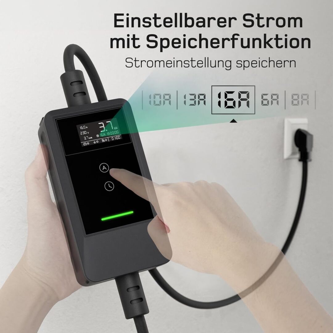 E-Auto Ladegerät mit Schukostecker, APP-Steuerung und Ladeprotokoll 3,7kW mit 5/7/10/20 M Kabel inkl. Wandhalterung und Tragetasche – Bild 5