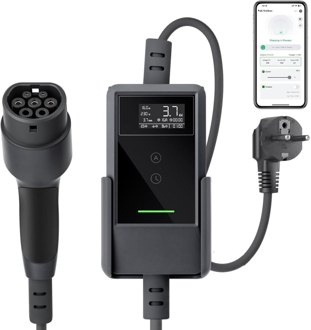 E-Auto Ladegerät mit Schukostecker, APP-Steuerung und Ladeprotokoll 3,7kW mit 5/7/10/20 M Kabel inkl. Wandhalterung und Tragetasche
