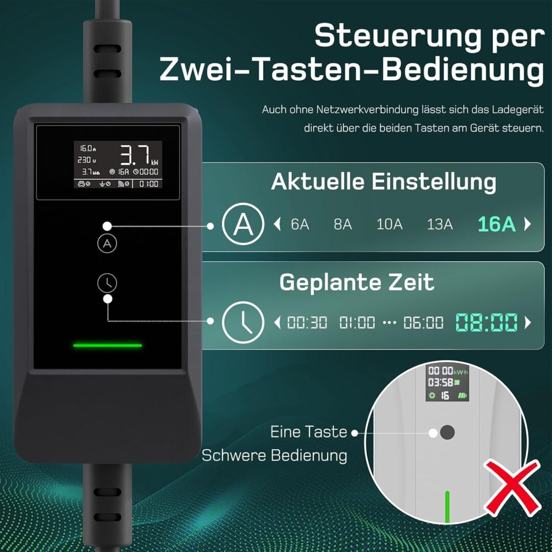 E-Auto Ladegerät mit Schukostecker, APP-Steuerung und Ladeprotokoll 3,7kW mit 5/7/10/20 M Kabel inkl. Wandhalterung und Tragetasche – Bild 6