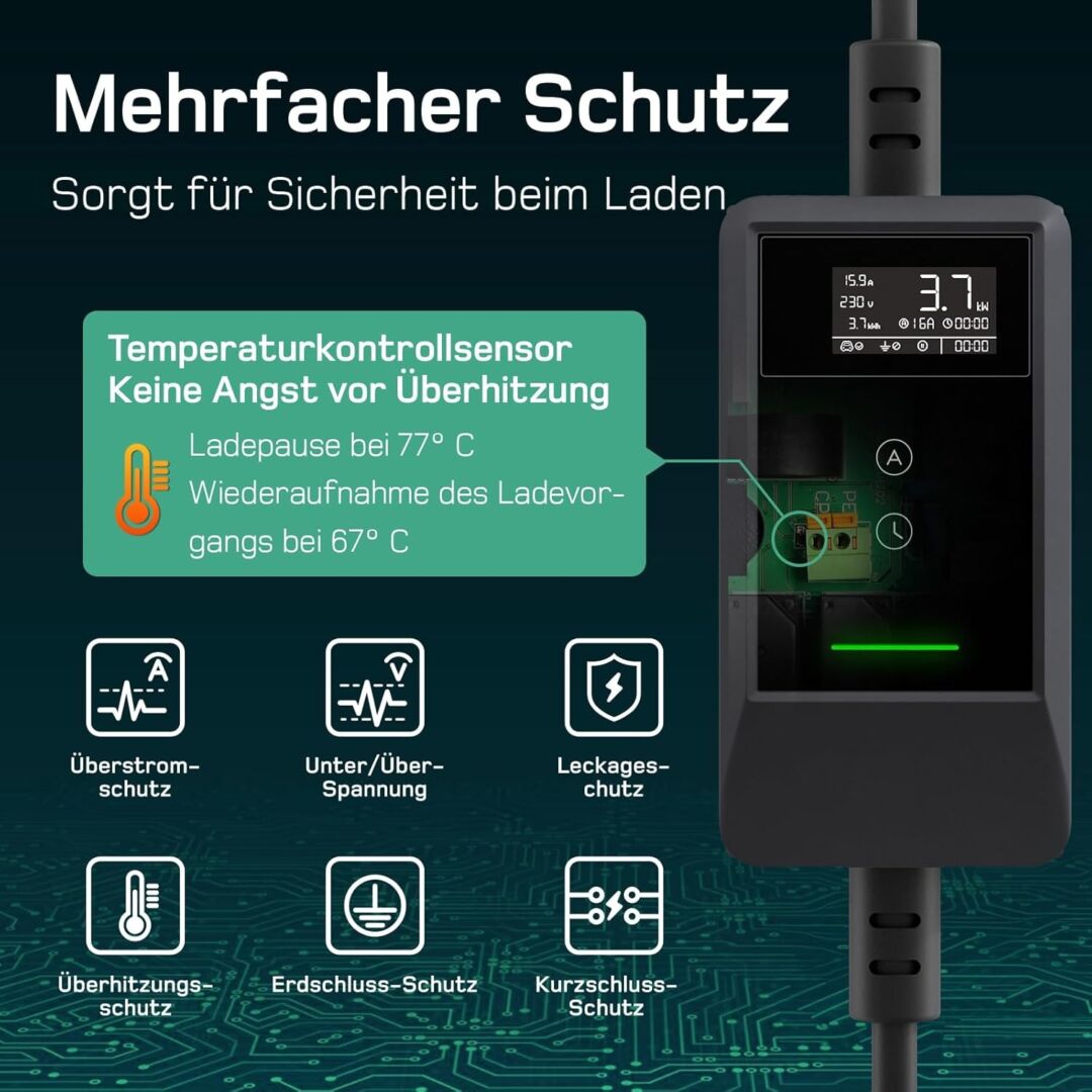 E-Auto Ladegerät mit Schukostecker, APP-Steuerung und Ladeprotokoll 3,7kW mit 5/7/10/20 M Kabel inkl. Wandhalterung und Tragetasche – Bild 4