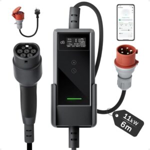 Mobile Wallbox mit Zähler und Ladehistorie, 11kW, Roter CEE Stecker 16A, 6m Kabel, APP-Steuerung, PV-Überschuss, Tasche, Wandhalter