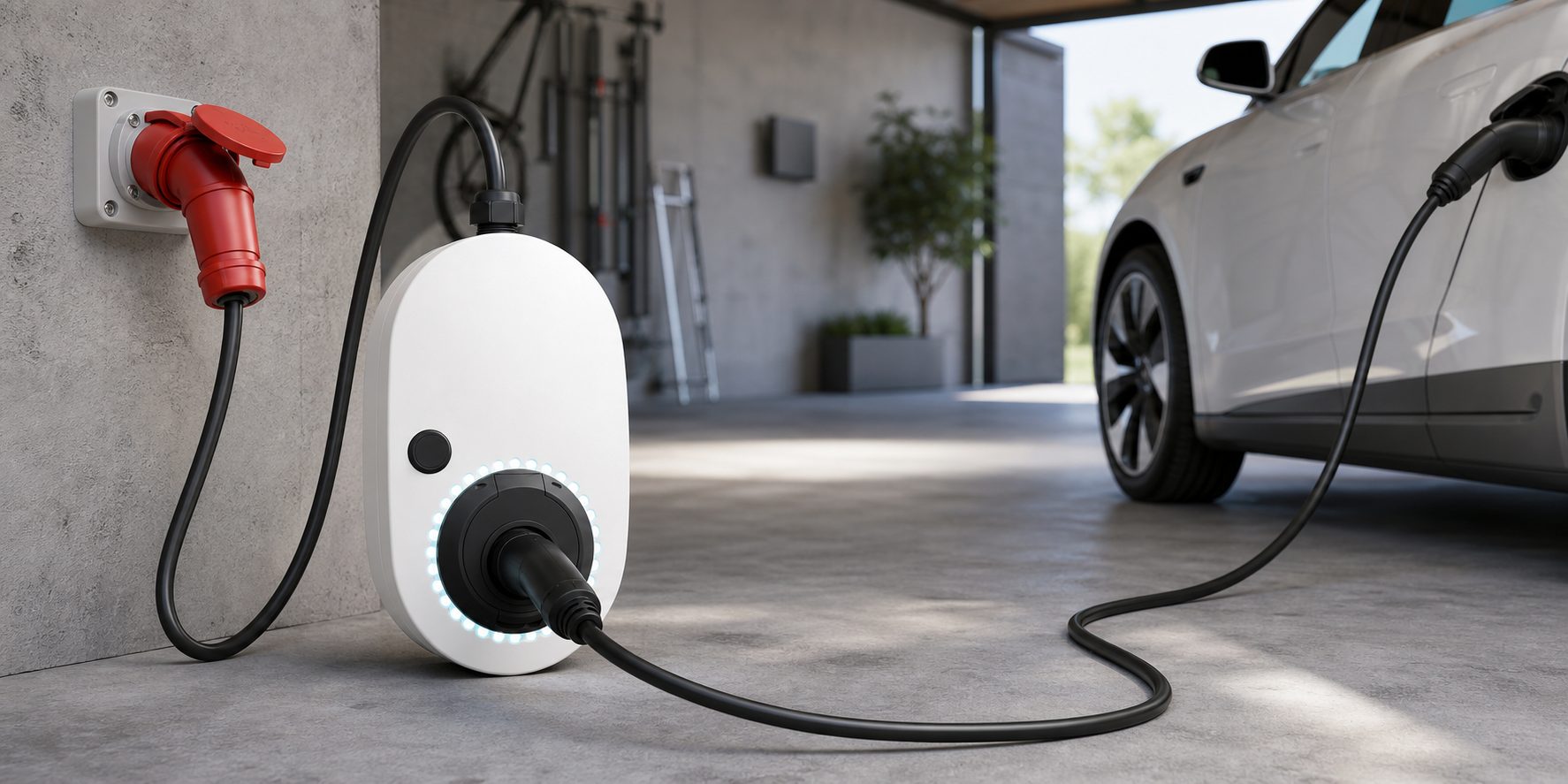 go-e Charger Gemini Flex als mobile Wallbox mit CEE-Stecker beim Laden eines Elektroautos